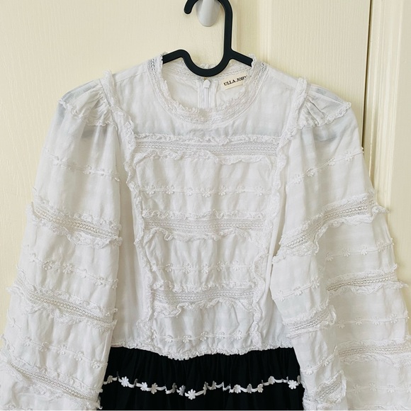 $695 Ulla Johnson Amour Black/White Applique Lace Puff Sleeve Mini Dress size 0 - Picture 5 of 13